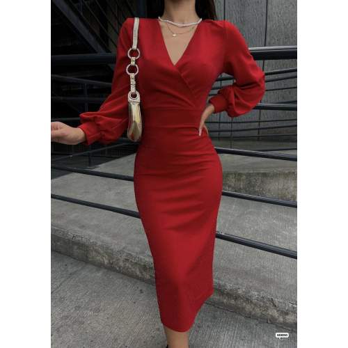 Kadın Kruvaze Yaka Balon Kol Simli Krep Kumaş Midi Boy Elbise Kadın Kruvaze Yaka Balon Kol Simli Krep Kumaş Midi Boy Elbise