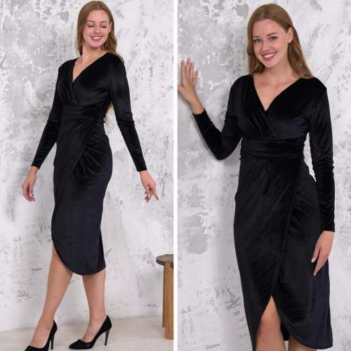 Kadın Kadife Kumaş V Yaka Uzun Kollu Midi Boy Elbise Kadın Kadife Kumaş V Yaka Uzun Kollu Midi Boy Elbise