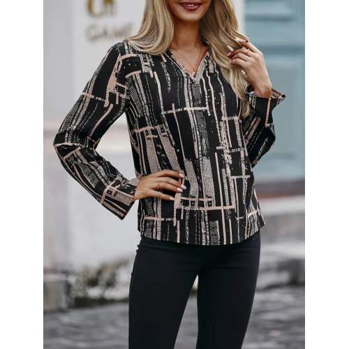 Kadın Uzun Kollu V Yakalı Desenli Dalgıç Bluz Kadın Uzun Kollu V Yakalı Desenli Dalgıç Bluz