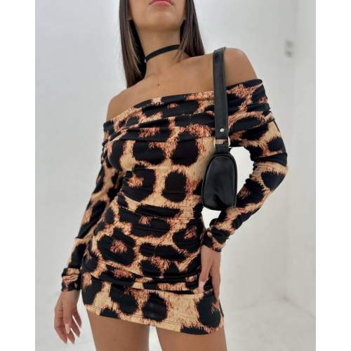 Kadın Madonna Mendil Yaka Leopar Desen Mini Elbise Kadın Madonna Mendil Yaka Leopar Desen Mini Elbise