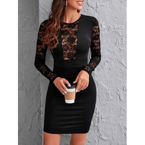 Kadın Uzun Kollu Bisiklet Yaka Kol Vegöğüs Tül Detay Krep Elbise