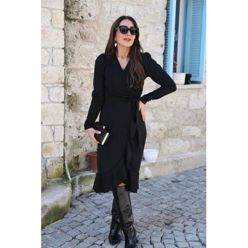 Krep Kumaş Midi Boy Kuşaklı Uzunkol Elbise 113 Cm Krep Kumaş Midi Boy Kuşaklı Uzunkol Elbise 113 Cm