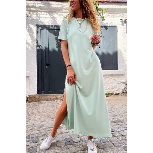 Kadın Bisiklet Yaka Kısa Kollu Derin Yırtmaç Detaylı Maxi Boy Elbise Kadın Bisiklet Yaka Kısa Kollu Derin Yırtmaç Detaylı Maxi Boy Elbise