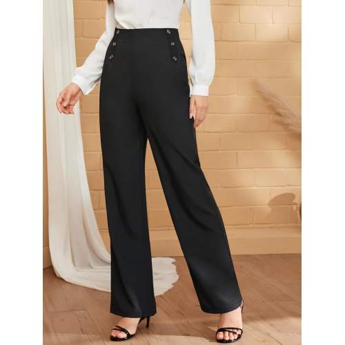 Kadın Düğme Detay Bol Paça Ithal Krep Pantolon Kadın Düğme Detay Bol Paça Ithal Krep Pantolon