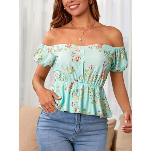 Kadın Kısa Kollu Madonna Yaka çiçek Desenli Düğme Detay Gipeli Süprem Kumaş Bluz Kadın Kısa Kollu Madonna Yaka çiçek Desenli Düğme Detay Gipeli Süprem Kumaş Bluz