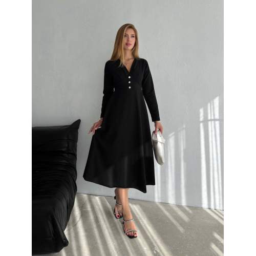 Kadın Krep Kumaş Düğme Detaylı V Yaka Uzun Kollu Midi Boy Elbise Kadın Krep Kumaş Düğme Detaylı V Yaka Uzun Kollu Midi Boy Elbise