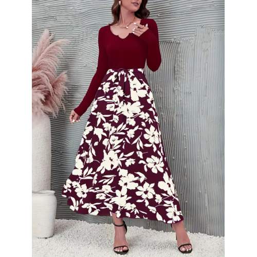 Kadın Uzun Kollu Yaka Açık üst Kaşkorse Beli Kuşaklı Alt çiçek Baskılı Dalgıç Elbise Kadın Uzun Kollu Yaka Açık üst Kaşkorse Beli Kuşaklı Alt çiçek Baskılı Dalgıç Elbise