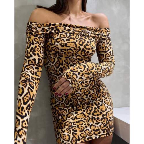 Kadın Madonna Mendil Yaka Leopar Desen Mini Elbise Kadın Madonna Mendil Yaka Leopar Desen Mini Elbise