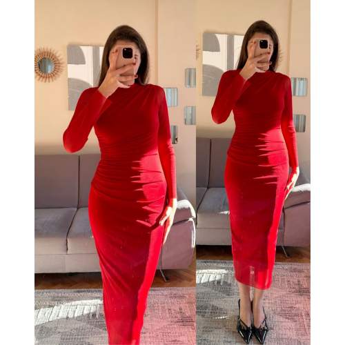 Kadın Drapeli Tül Kumaş Uzun Kollu Midi Boy Elbise Kadın Drapeli Tül Kumaş Uzun Kollu Midi Boy Elbise