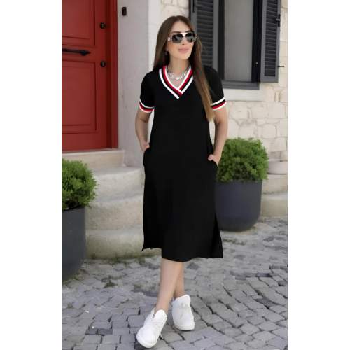 Kadın Kısa Kollu V Yaka Ve Yaka Ribana Detay Midiboy Viskon Elbise Kadın Kısa Kollu V Yaka Ve Yaka Ribana Detay Midiboy Viskon Elbise