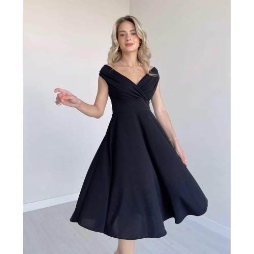 Kadın Kısa Kollu Kruvaze Yaka Eteği Volanlı Krep Elbise Kadın Kısa Kollu Kruvaze Yaka Eteği Volanlı Krep Elbise