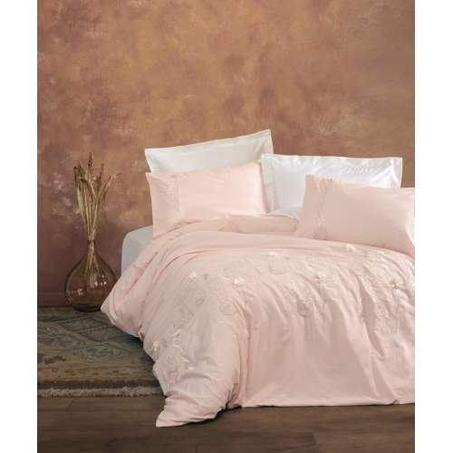 3D Nakışlı Çift Kişilik Saten Nevresim Takımı Lesley Pudra 3D Nakışlı Çift Kişilik Saten Nevresim Takımı Lesley Pudra