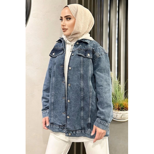 Omuz Taş Detay Koyu Mavi Kot Ceket Oversize Omuz Taş Detay Koyu Mavi Kot Ceket Oversize