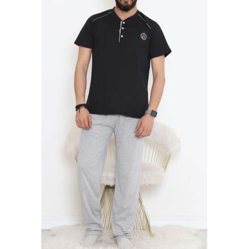 Düğmeli Erkek Pijama Takımı Siyahgri Düğmeli Erkek Pijama Takımı Siyahgri