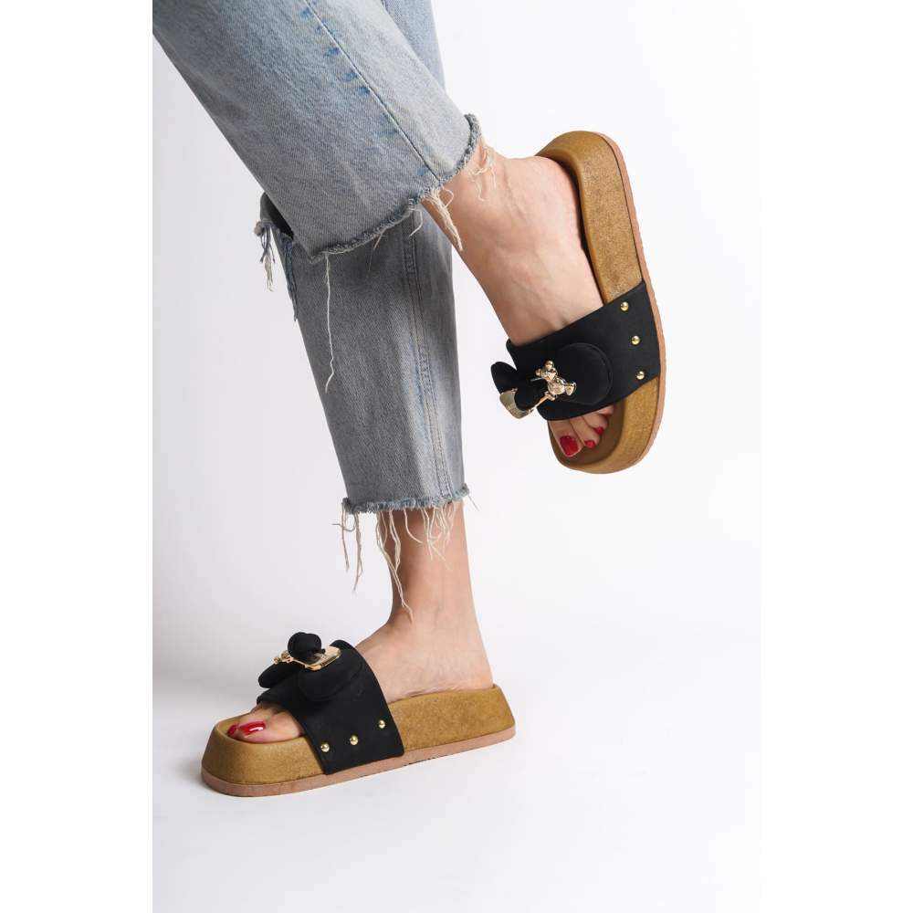 Lisinya948  Kalın ve Ortopedik Taban Ayıcıklı Saten Kadın Terlik KT Siyah