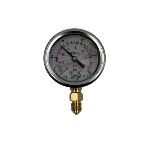 Ø 63 - 1 + 1.5 BAR 1/4 ALTTAN ÇIKIŞLI GLİSERİNLİ MANOMETRE (Lisinya) Ø 63 - 1 + 1.5 BAR 1/4 ALTTAN ÇIKIŞLI GLİSERİNLİ MANOMETRE (Lisinya)
