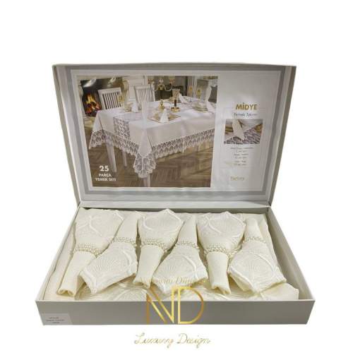 25 Parça Masa Örtüsü Seti Midye Krem 25 Parça Masa Örtüsü Seti Midye Krem