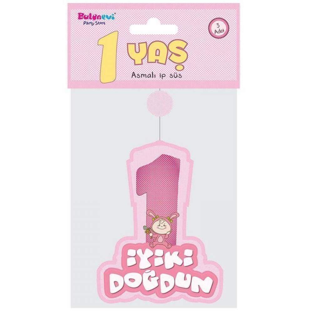 Pembe Renk Asmalı İyiki Doğdun Yazılı 1 Yaş Kız 3lü Süs Set