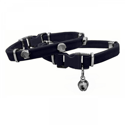 Kadife Kedi Boyun Tasması Midyeli 20-32 cm Siyah