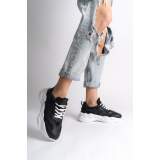 Lisinya948  Bağcıklı Ortopedik Taban Triko Detaylı Kadın Spor Ayakkabı BT Siyah