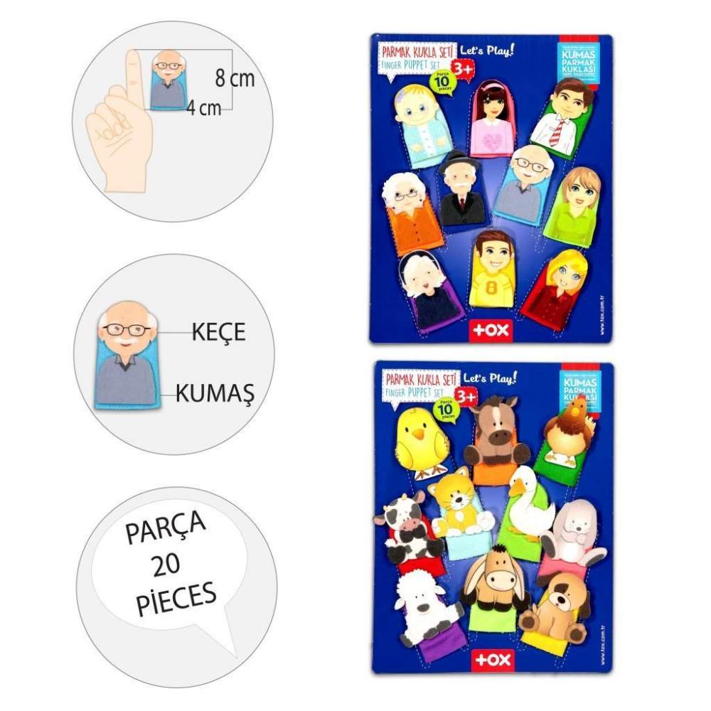 2 Set - 20 Parça  Evcil Hayvanlar ve Aile Bireyleri Parmak Kukla