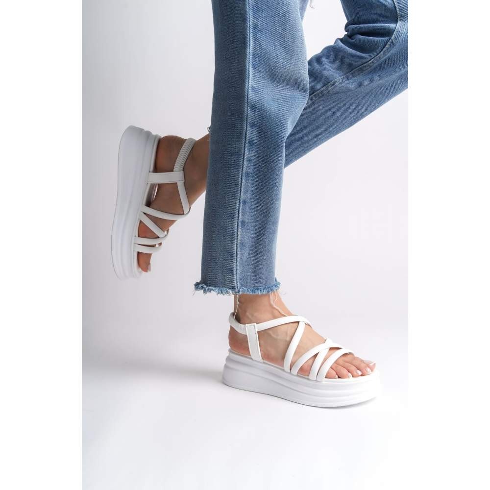 Lisinya948  Lastikli Şerit Detaylı Ortopedik Taban Kadın Sandalet BT Beyaz