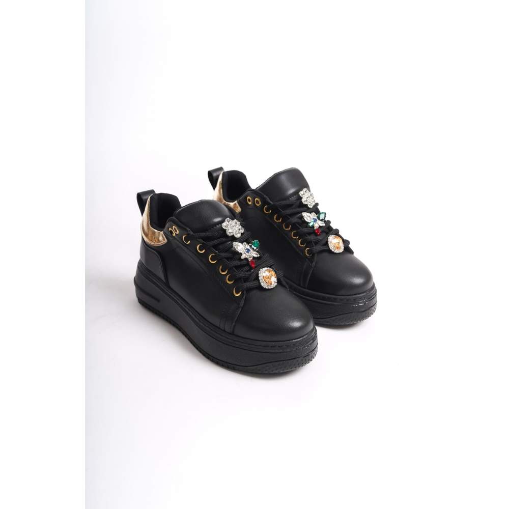 Lisinya948 Bağcıklı Ortopedik Taban Renkli Taş Dekorlu Kadın Sneaker Ayakkabı ST Siyah/Altın Lisinya948 Bağcıklı Ortopedik Taban Renkli Taş Dekorlu Kadın Sneaker Ayakkabı ST Siyah/Altın