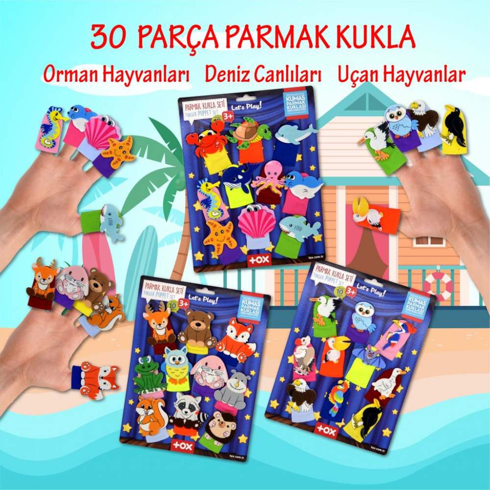 3 Set - 30 Parça  Deniz Canlıları, Orman ve Uçan Hayvanlar Parmak Kukla
