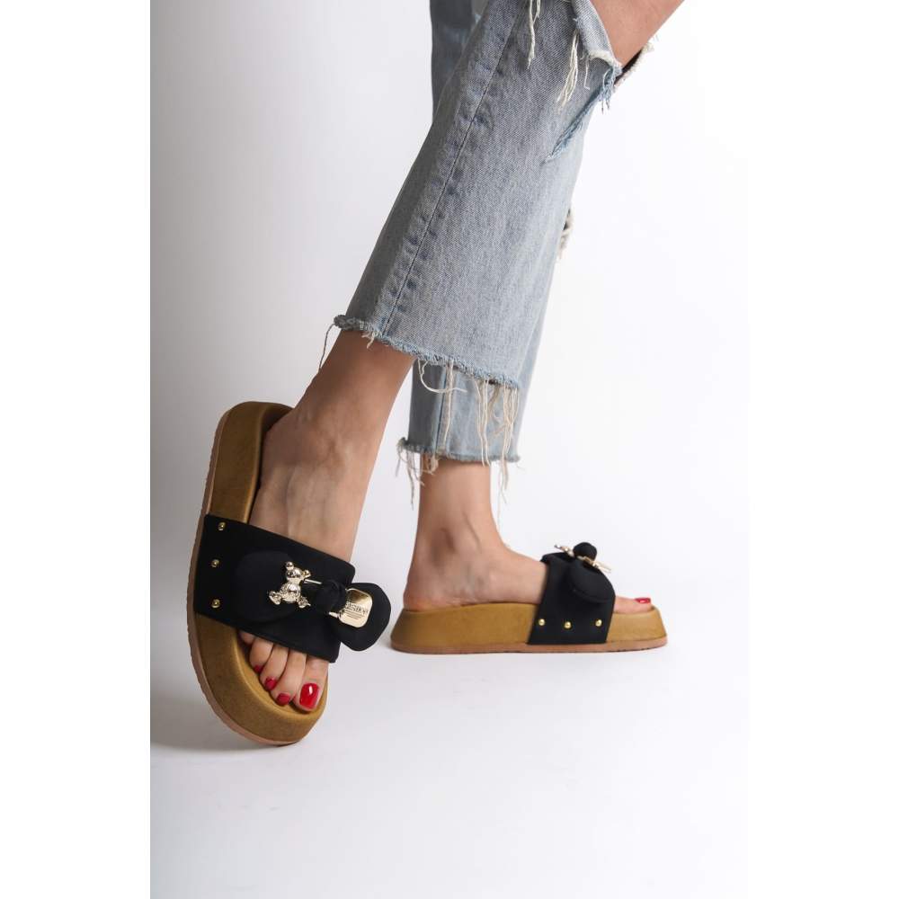 Lisinya948  Kalın ve Ortopedik Taban Ayıcıklı Saten Kadın Terlik KT Siyah