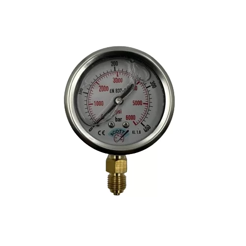 Ø 63 - 0 - 400 BAR 1/4 ALTTAN ÇIKIŞLI GLİSERİNLİ MANOMETRE (Lisinya) Ø 63 - 0 - 400 BAR 1/4 ALTTAN ÇIKIŞLI GLİSERİNLİ MANOMETRE (Lisinya)