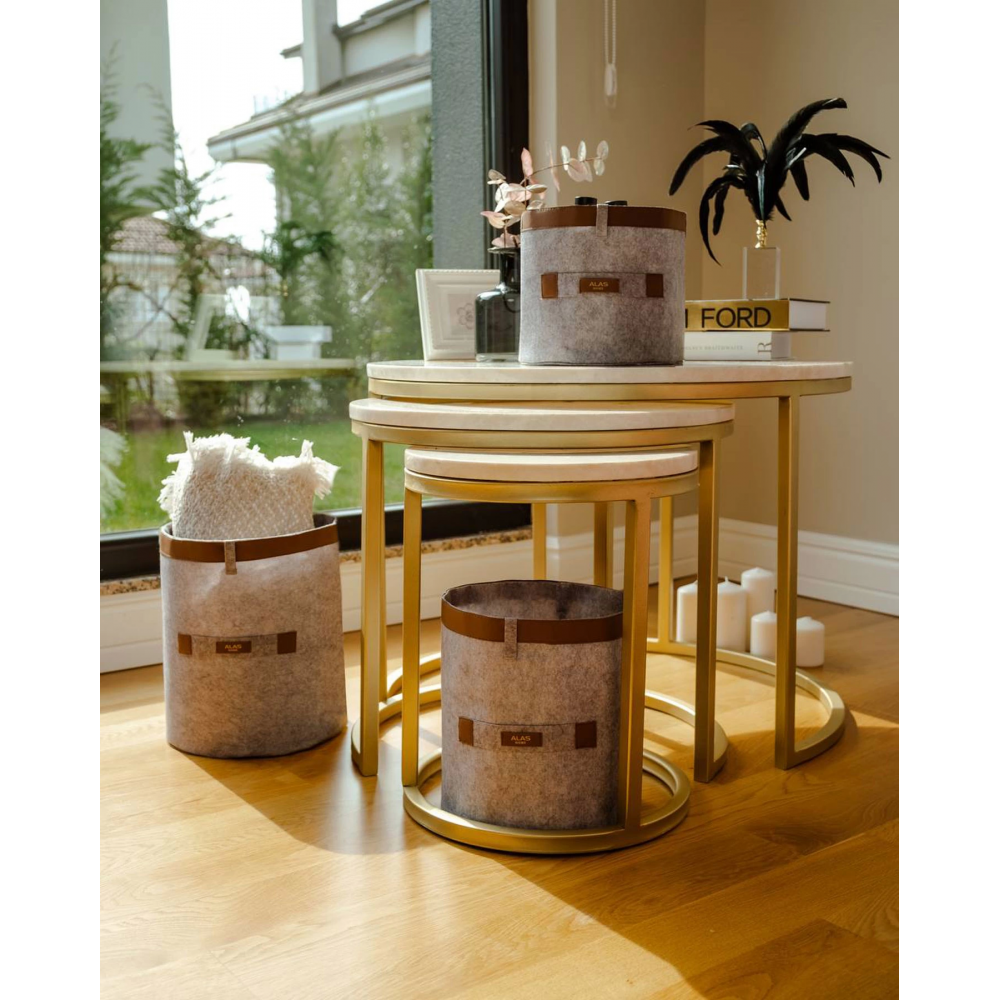 Deri Şeritli Yuvarlak Çok Amaçlı Düzenleyici Organizer Kutu Keçe Sepet (3lü Set) Deri Şeritli Yuvarlak Çok Amaçlı Düzenleyici Organizer Kutu Keçe Sepet (3lü Set)