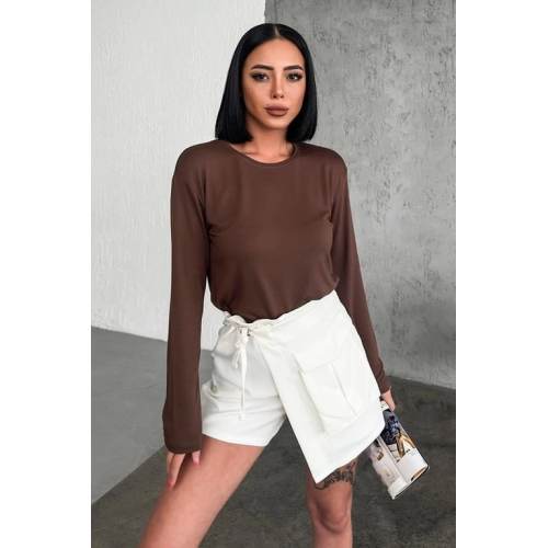 Rahat Ve Şık Uzun Kollu Bisiklet Yaka Likralı Viskon Penye Body Kahverengi