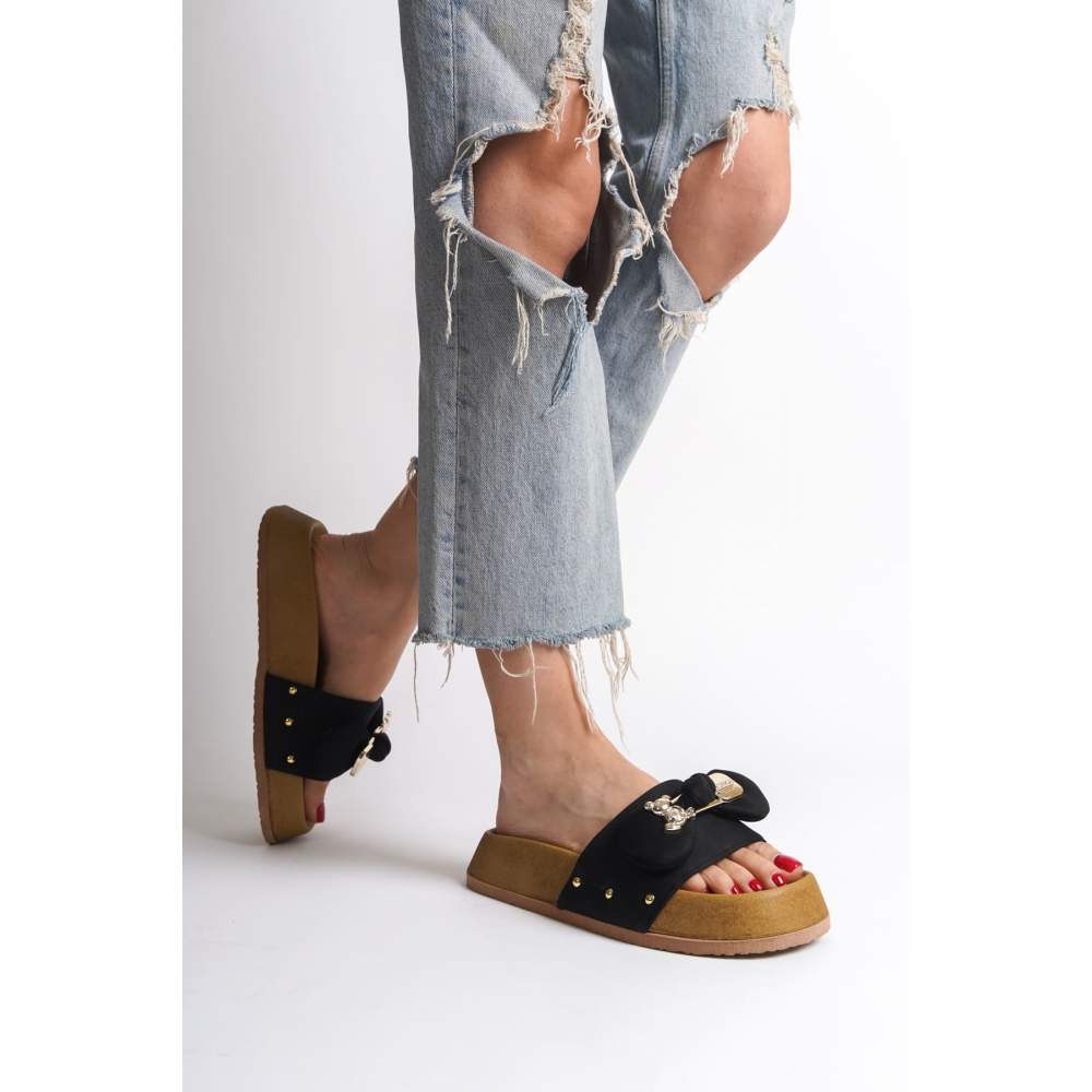 Lisinya948  Kalın ve Ortopedik Taban Ayıcıklı Saten Kadın Terlik KT Siyah