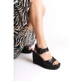 Lisinya948  Tokalı Lastikli Dolgu Topuklu Ortopedik Taban Hasır Görünümlü Kadın Sandalet ST Siyah