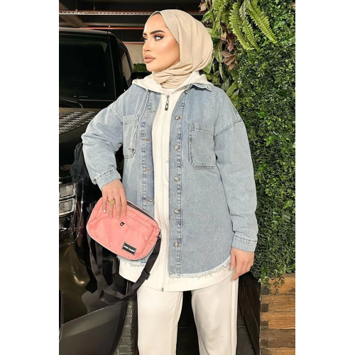 Açık Buz Mavi Kar Yıkama Püskül Detay Kot Ceket Oversize Açık Buz Mavi Kar Yıkama Püskül Detay Kot Ceket Oversize