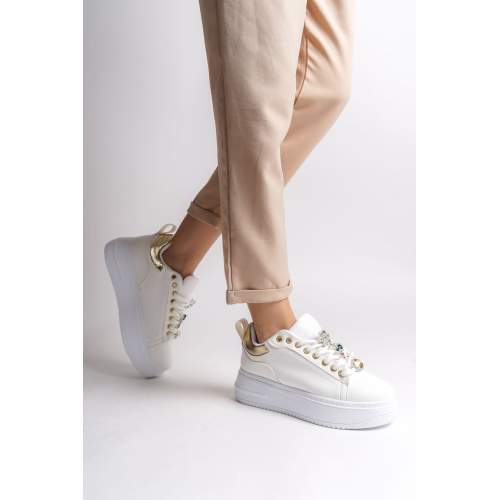 Lisinya948 Bağcıklı Ortopedik Taban Renkli Taş Dekorlu Kadın Sneaker Ayakkabı BT Beyaz/Altın Lisinya948 Bağcıklı Ortopedik Taban Renkli Taş Dekorlu Kadın Sneaker Ayakkabı BT Beyaz/Altın