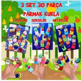 3 Set - 30 Parça  Taşıtlar, Meyveler ve Sebzeler Parmak Kukla