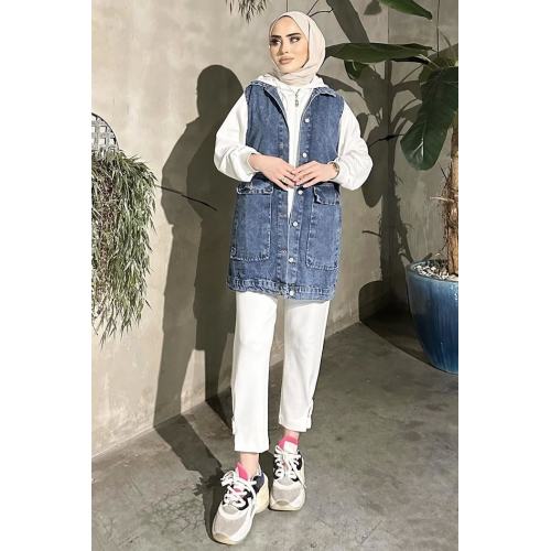 Koyu Mavi Kar Yıkama Geniş Cep Kot Yelek Oversize Koyu Mavi Kar Yıkama Geniş Cep Kot Yelek Oversize