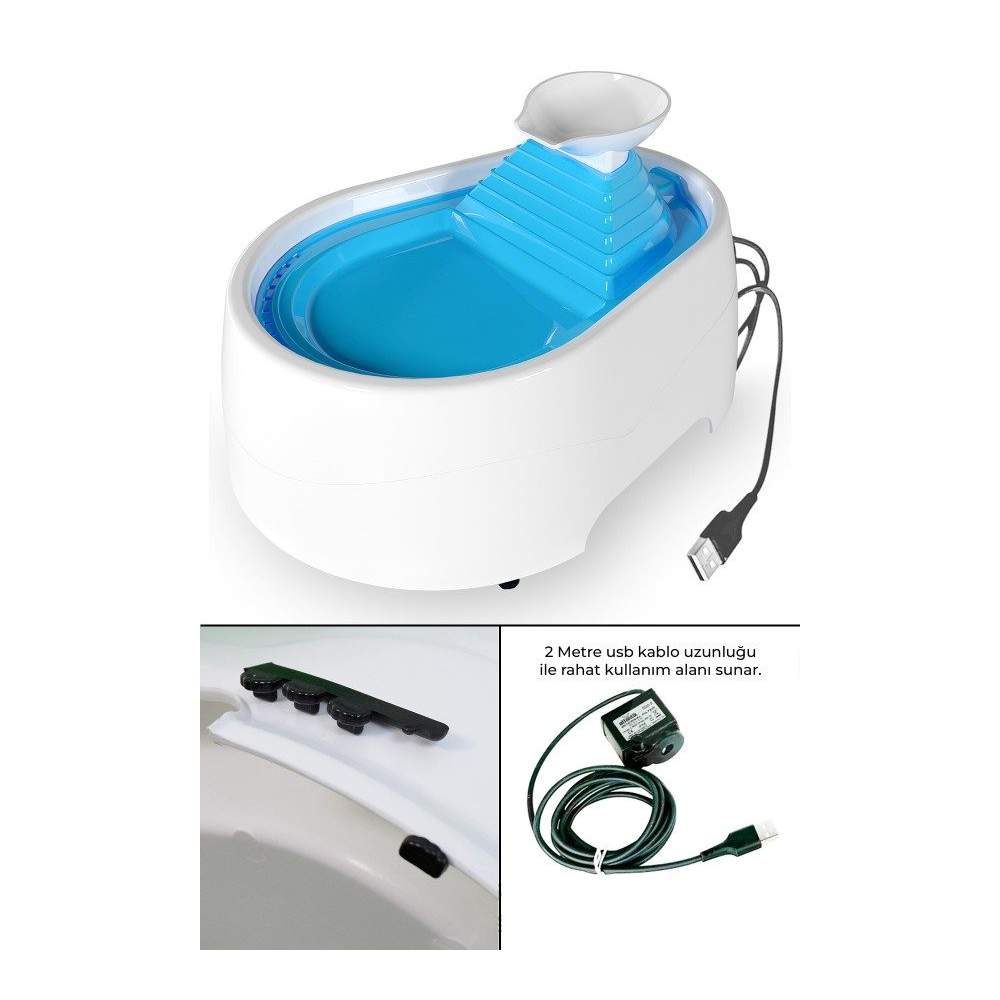 Kedi Köpek Su Pınarı Şelale 2 Litre - 5 volt ( usb'li ) Mavi